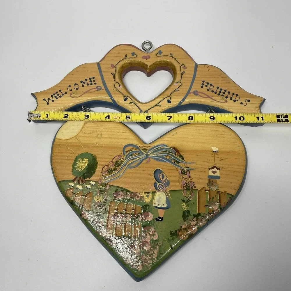 Vintage Heart Shaped Wood Folk Art Welcome Sign Handmade Country Cottage Grandma